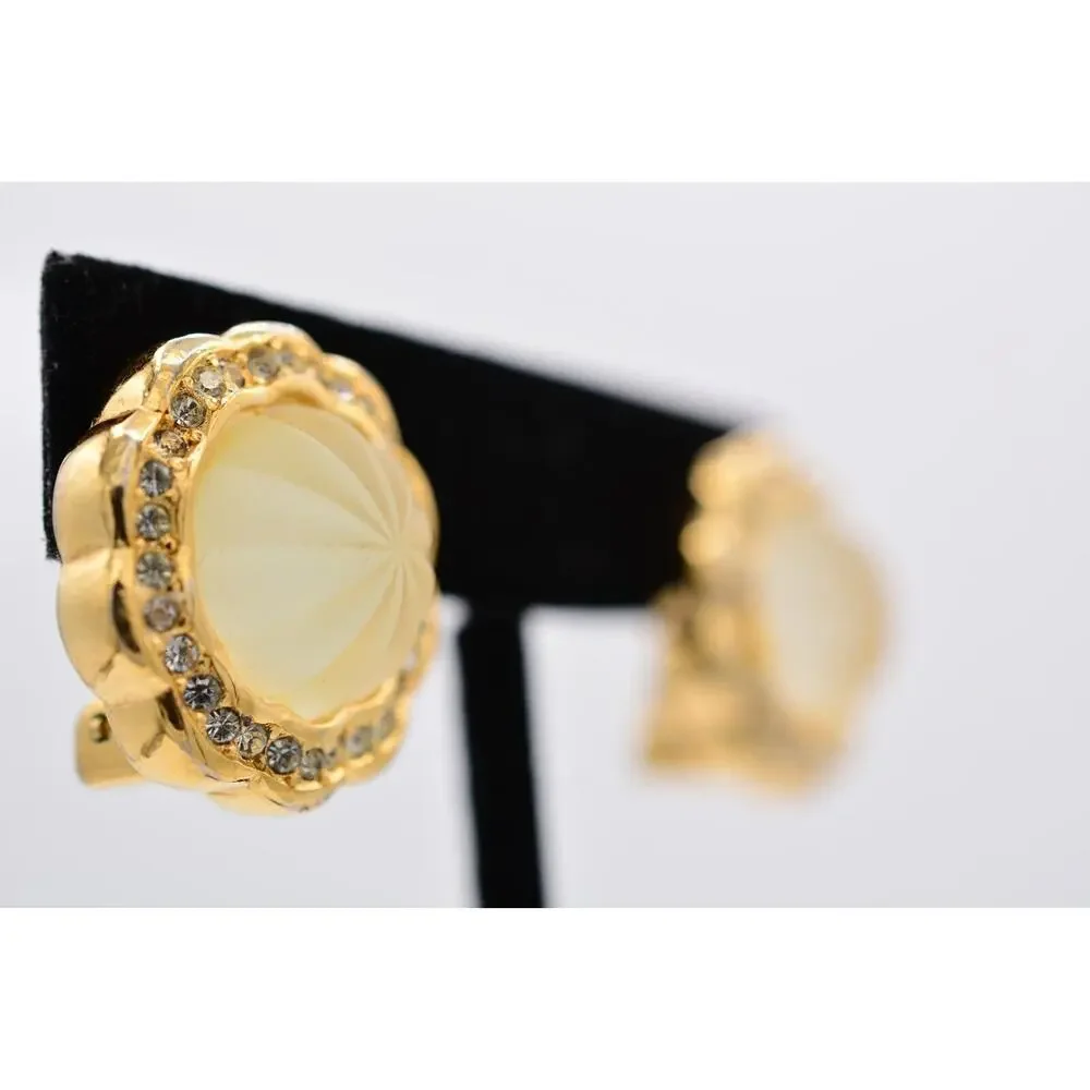 Christian Dior Vintage Clip On Earrings Frosted Glass Crystal Gold Signed BinAB